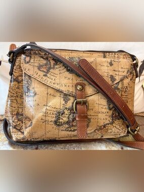 Patricia Nash AVELLINO CROSSBODY -European Antiqued Map Brown Tones Excellent